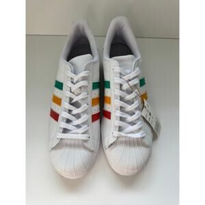 NWT Custom Adidas Superstar Men’s 10 White Shell Sneakers Rasta Stripes